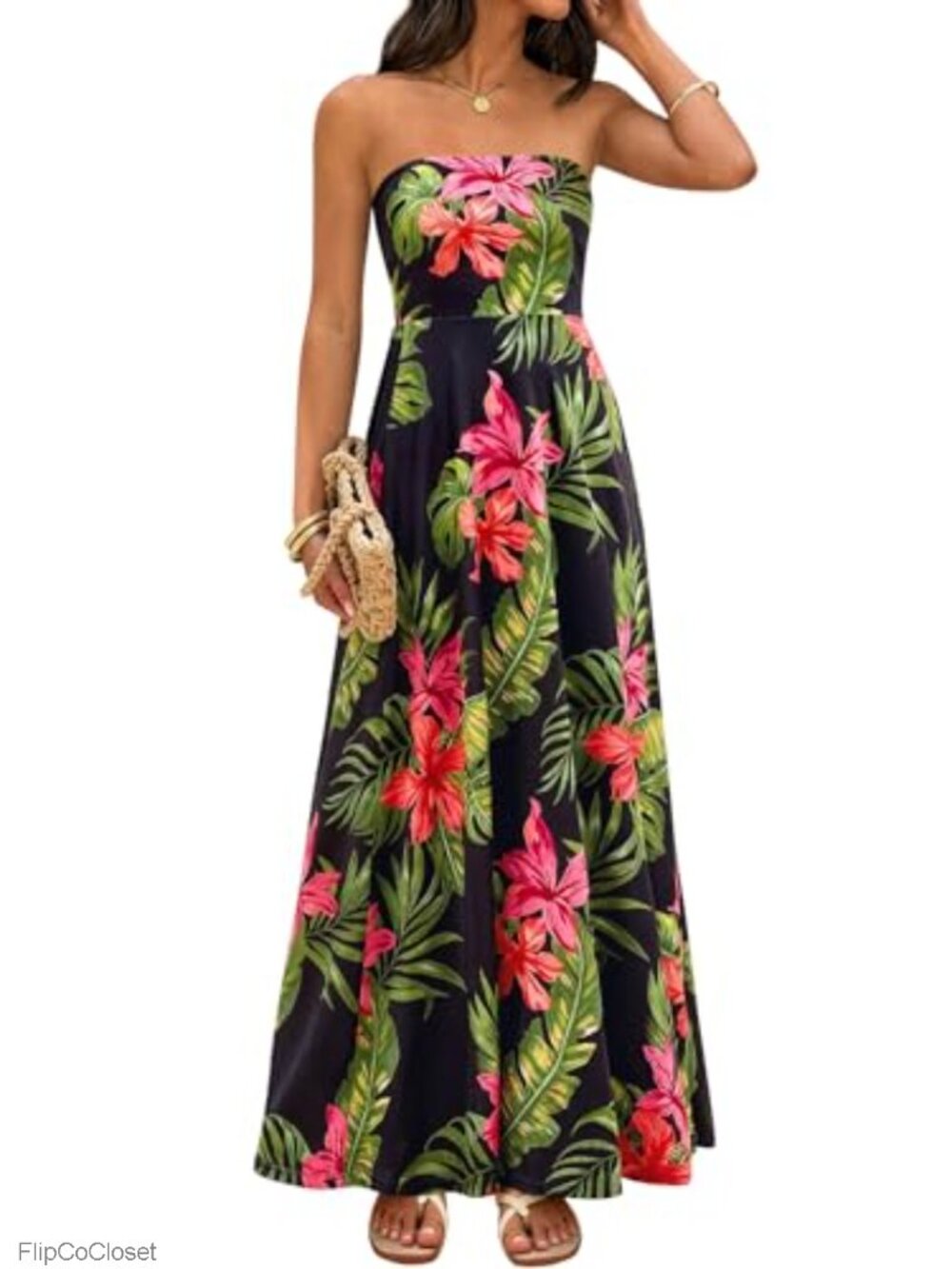 Sleeveless Floral Maxi Dress Strapless Tube Top Flowy A-Line High Waist Summer